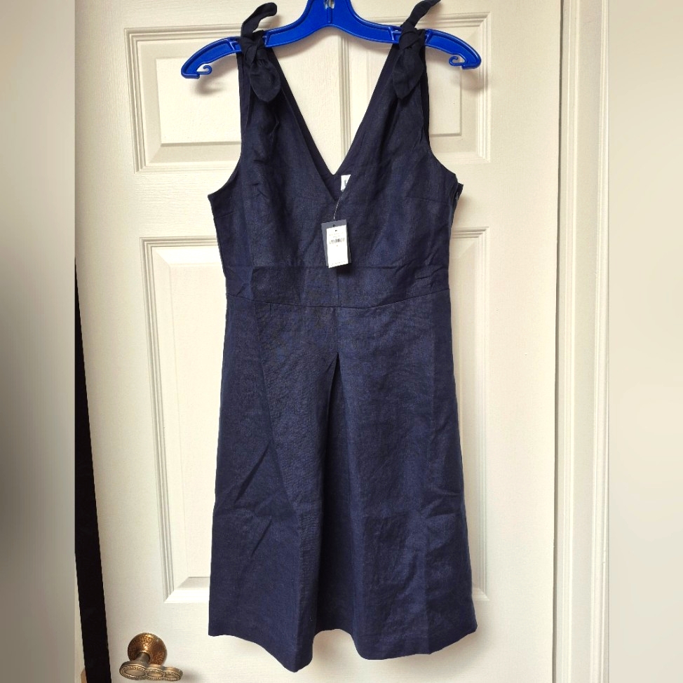 100% Linen Navy Lined Sleeveless Dress W Bow Straps Size 6 Fom Gap, New W Tags